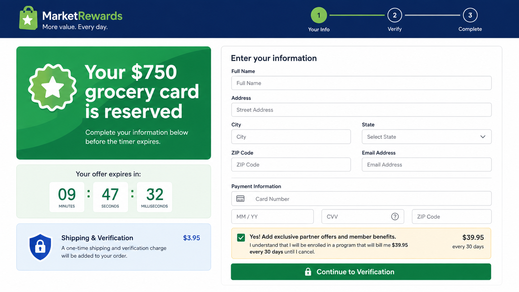 Fictional grocery gift card claim page adding a small fee and preselected recurring partner offer
