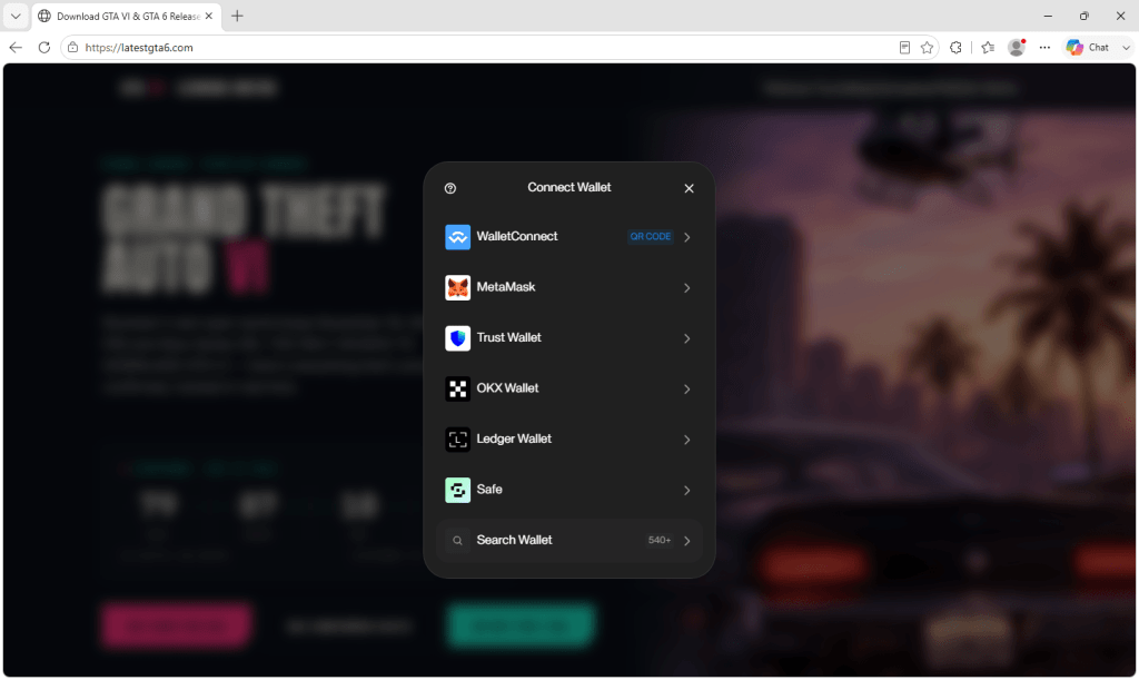 Fake GTA 6 Leak Site Can Drain Your Crypto Wallet 2 Authentic screenshot of connect-wallet choices opened by the fake GTA 6 leak site's crypto payment button