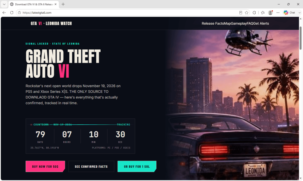 Fake GTA 6 Leak Site Can Drain Your Crypto Wallet 1 Authentic screenshot of fake GTA 6 countdown site offering a leaked copy for cash or Solana