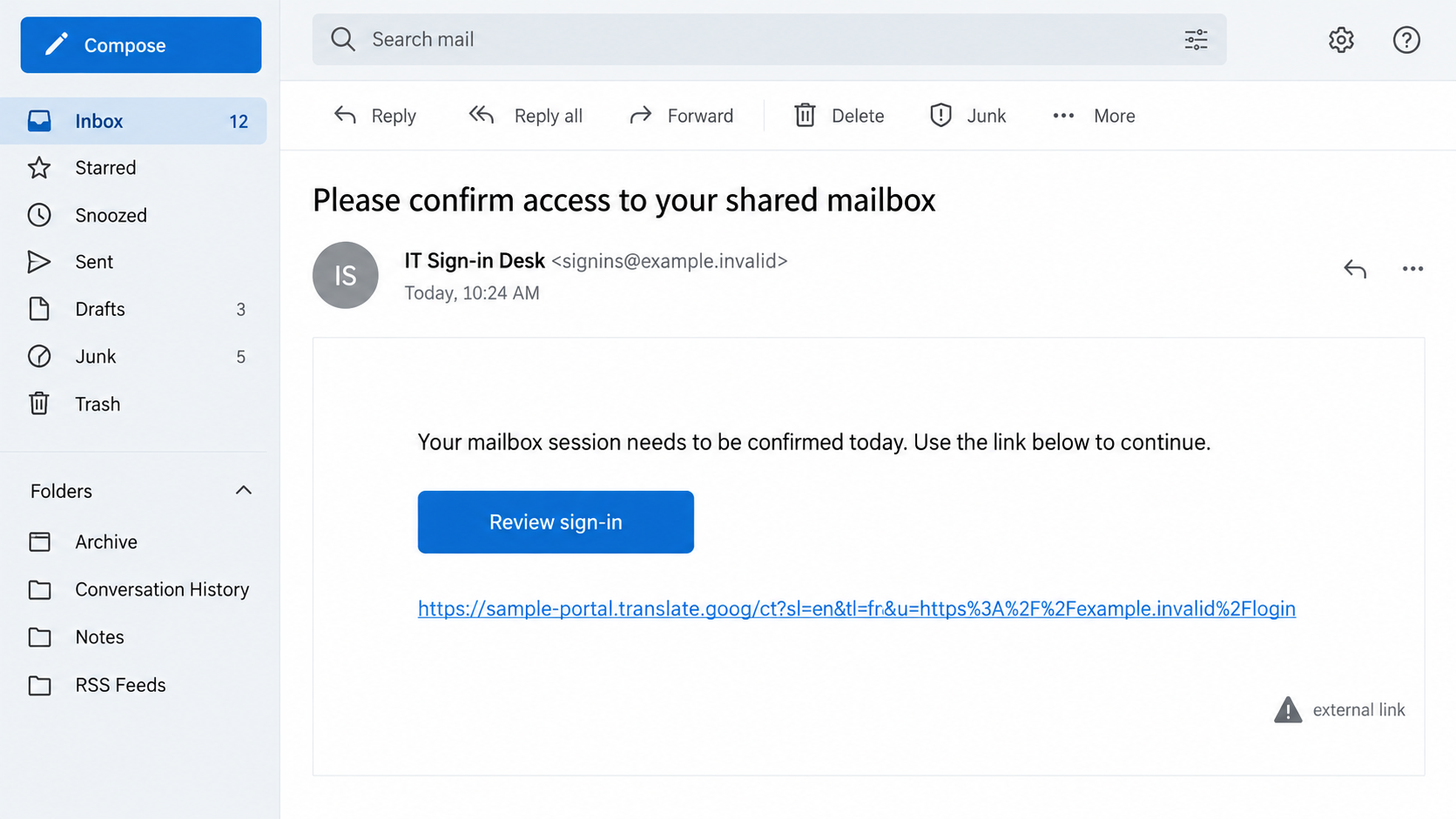 Illustrative reconstruction of an email urging a mailbox sign-in through a translate.goog-style link, not a captured GTFire message