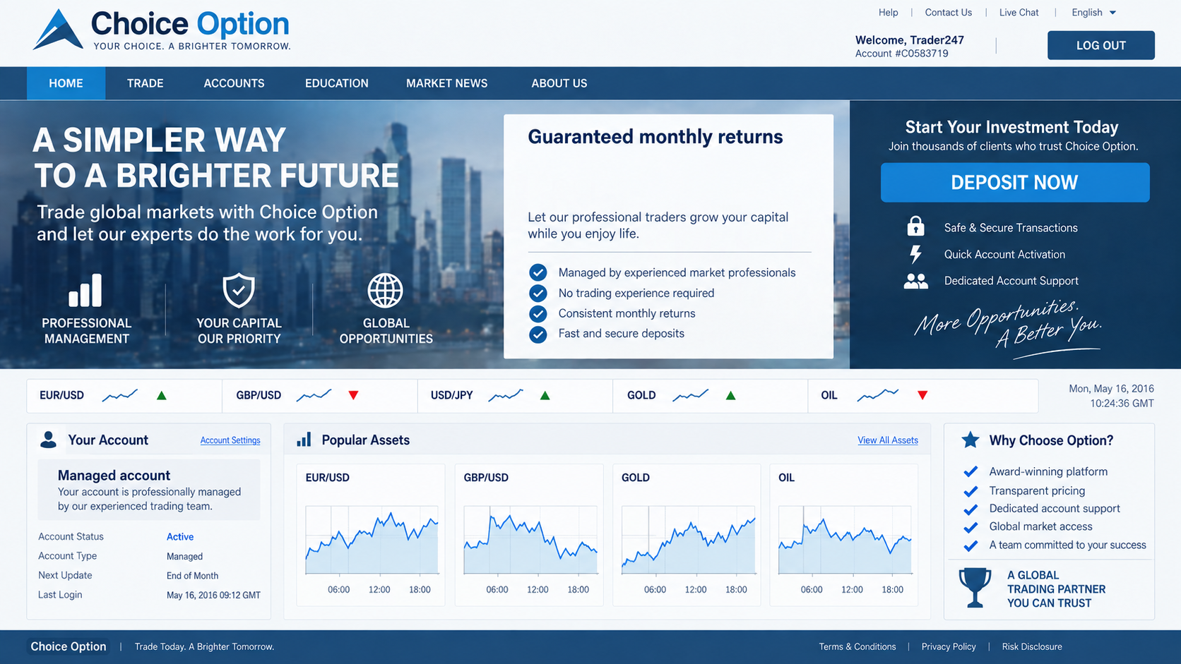 Illustrative reconstruction of a binary options managed account website, not an original capture