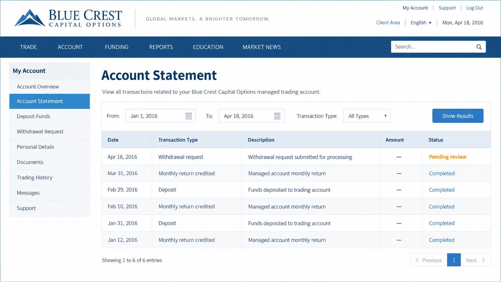 Illustrative account statement showing credited returns and a pending withdrawal, not an authentic victim screenshot