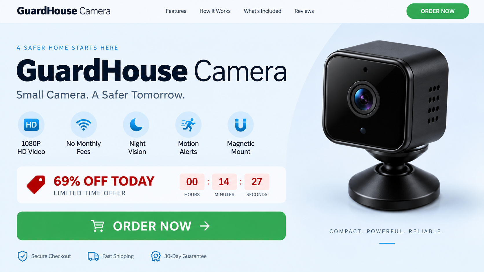 GuardHouse Camera discount sales page showing a small cube security camera
