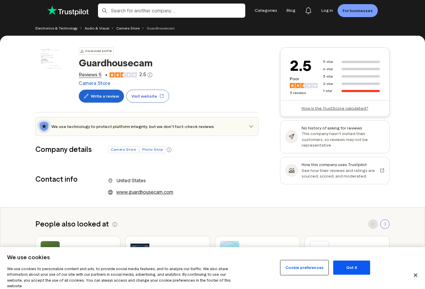 Trustpilot profile showing poor Guardhousecam customer ratings