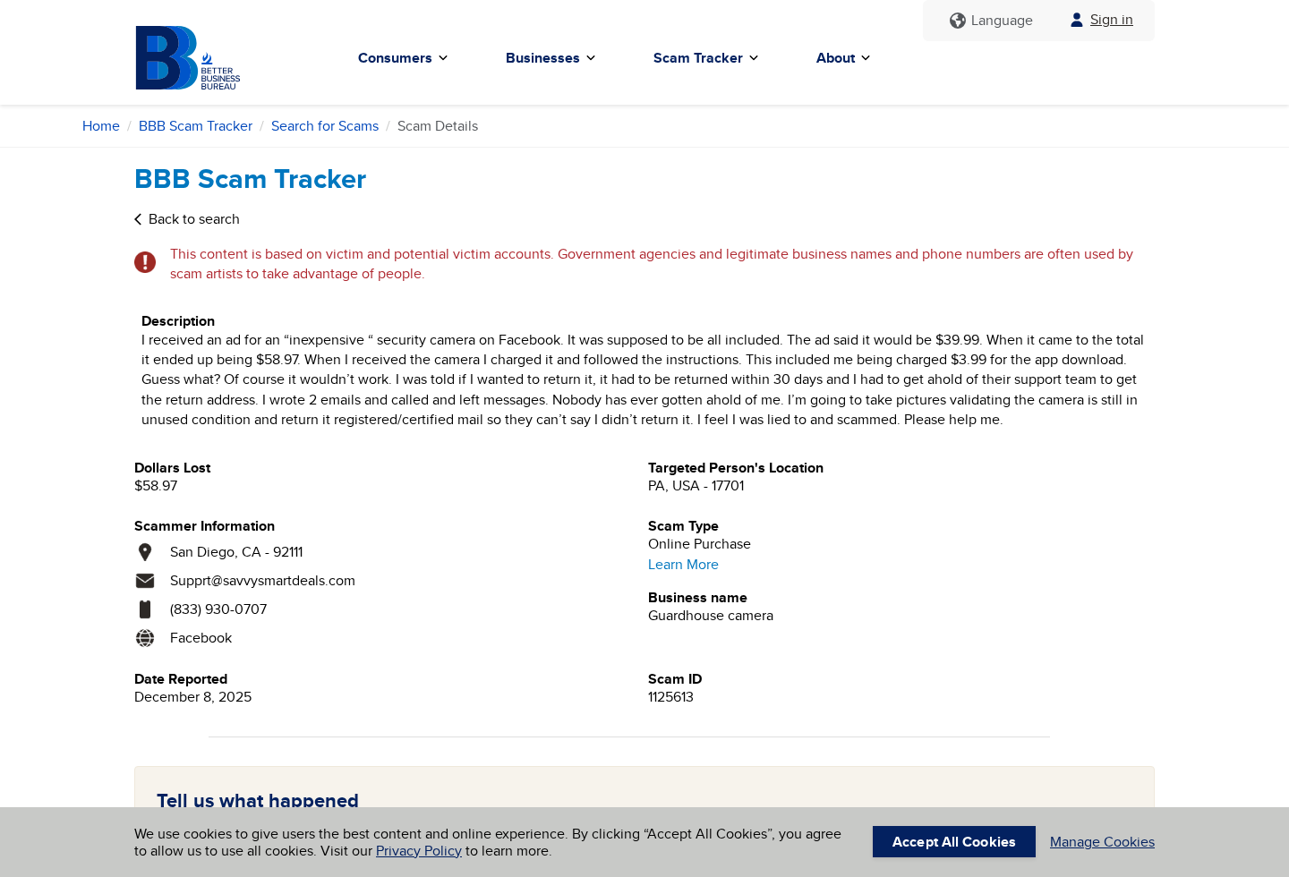 BBB Scam Tracker complaint describing GuardHouse Camera charges and return problems