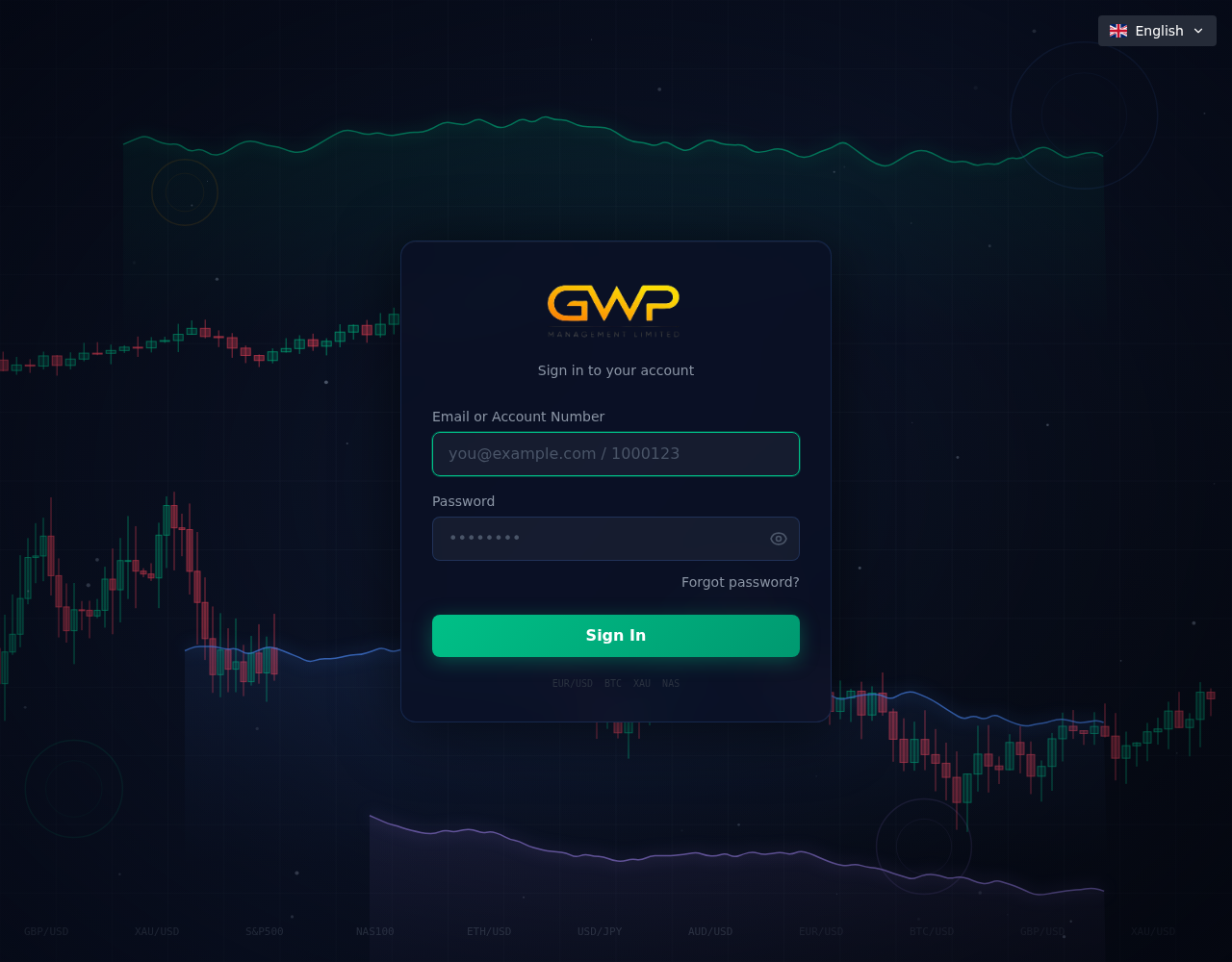 GWP Management Scam Exposed: Fake Trading Website and Platform Warning 2 Screenshot of the GWP Management-branded trading login platform named fraudulent by the DFSA