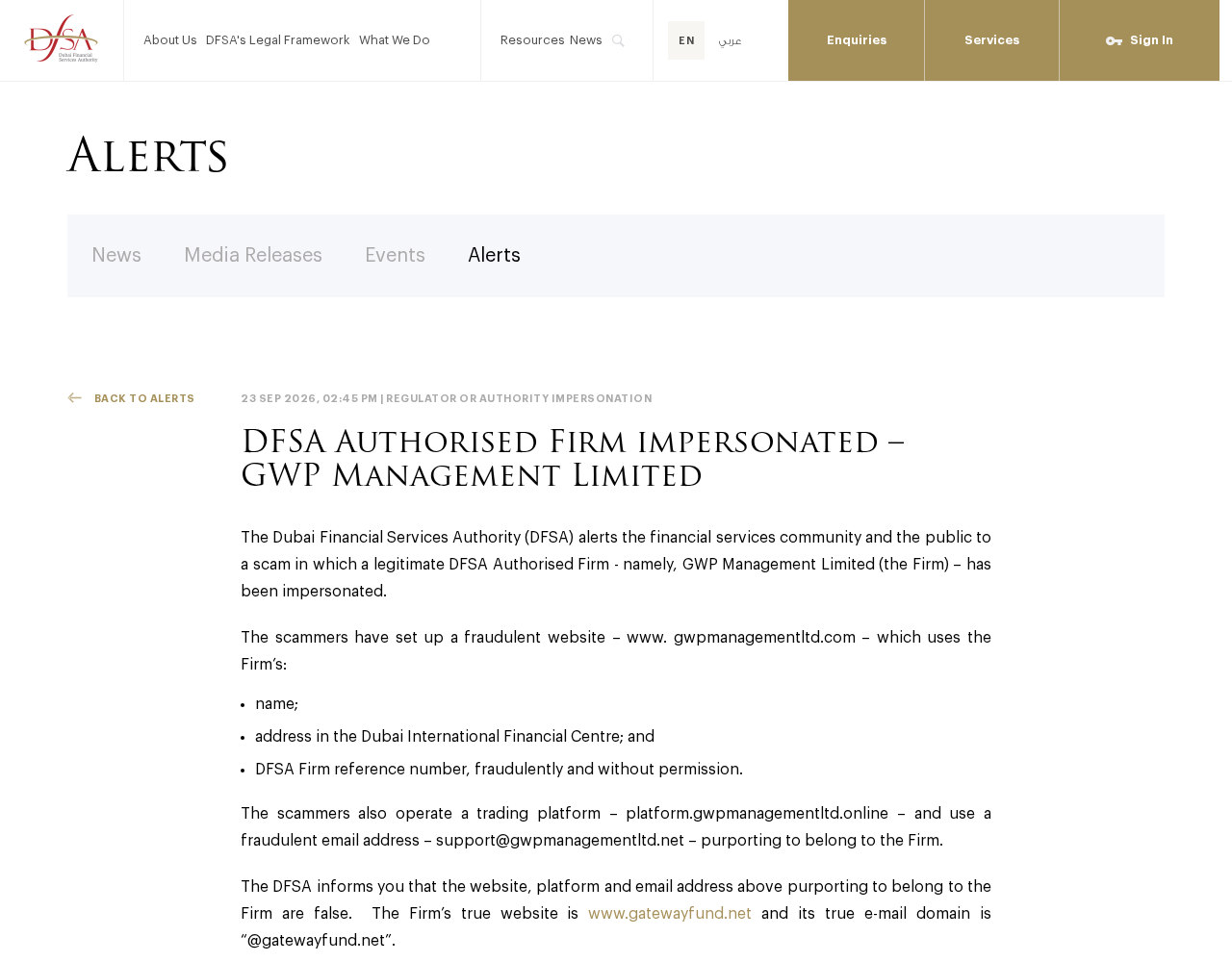GWP Management Scam Exposed: Fake Trading Website and Platform Warning 3 Screenshot of the DFSA alert identifying the GWP Management website, platform, and email as fraudulent