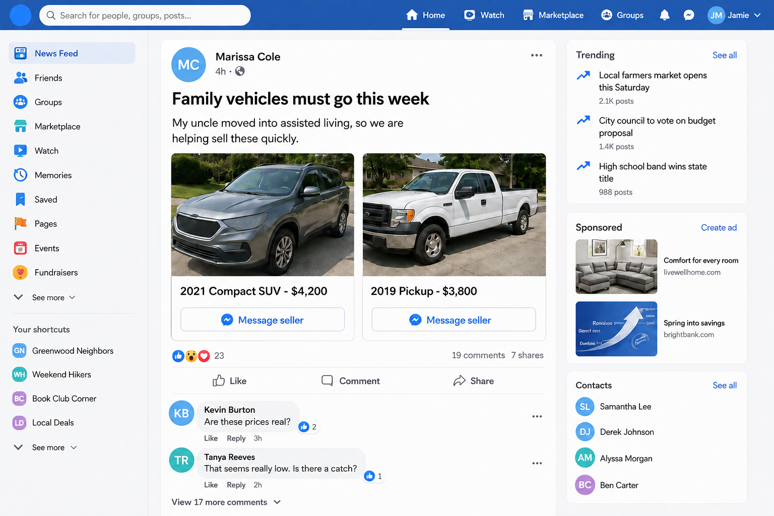 Hacked Facebook Car Sale Scam Steals Your Deposit 1 Hacked Facebook car sale scam shown as a fictional family vehicle post