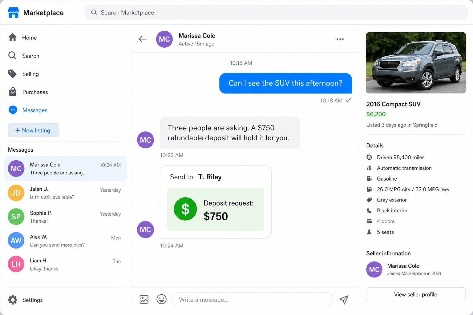 Hacked Facebook Car Sale Scam Steals Your Deposit 2 Fictional marketplace chat requesting a refundable car deposit to a mismatched recipient