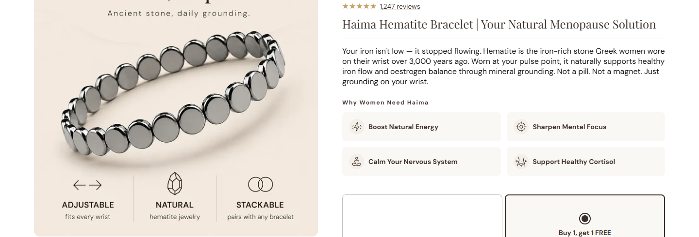 Haima Hematite Bracelet Review: Menopause Claims and Returns Investigated 1 Haima product page showing hematite bracelet and menopause-related wellness claims