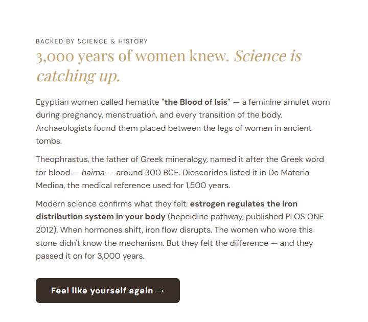 Haima Hematite Bracelet Review: Menopause Claims and Returns Investigated 2 Haima page using a 2012 estrogen and iron study to support bracelet marketing