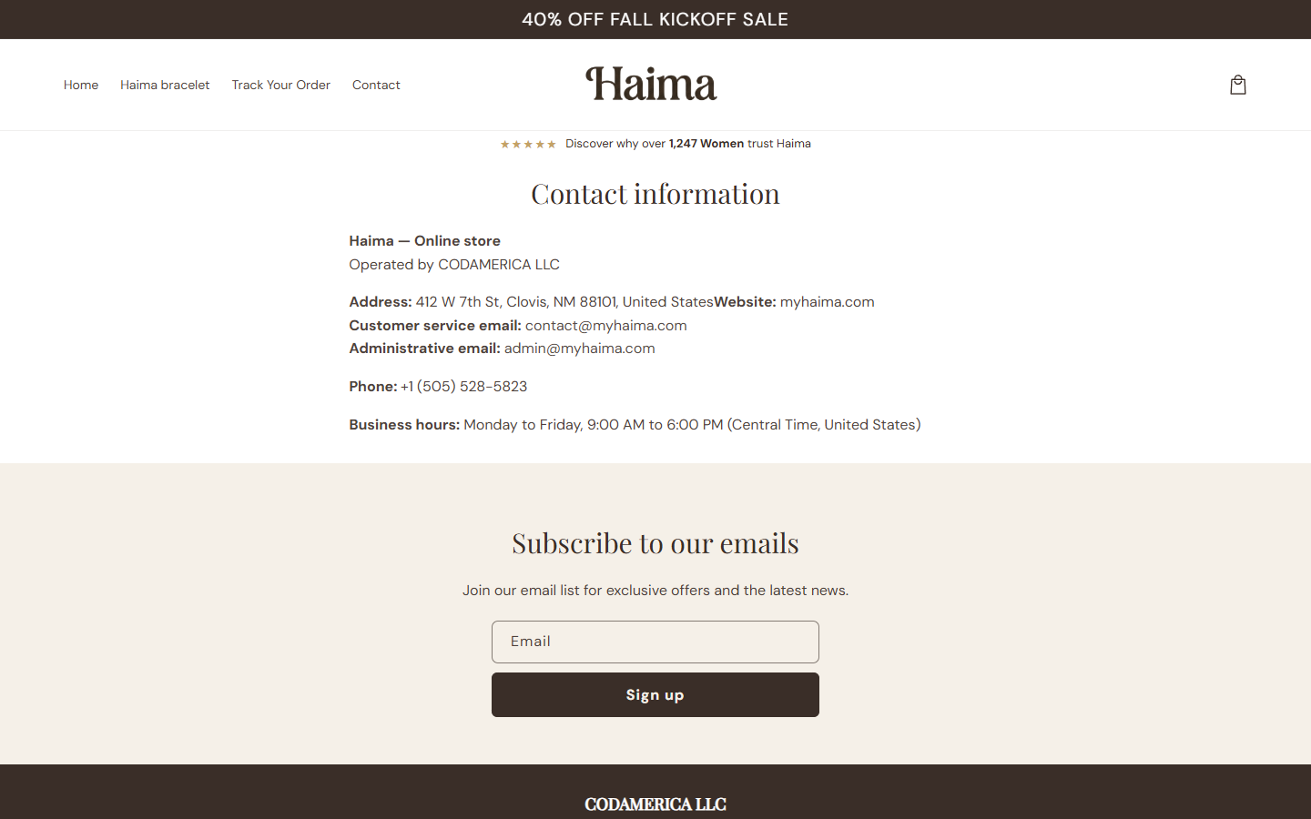 Haima Hematite Bracelet Review: Menopause Claims and Returns Investigated 3 Haima contact page identifying CODAMERICA LLC and customer support details