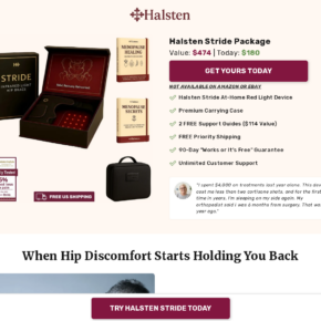 Halsten Stride sales page showing the wearable hip device, packaging, discount, and red light therapy claims