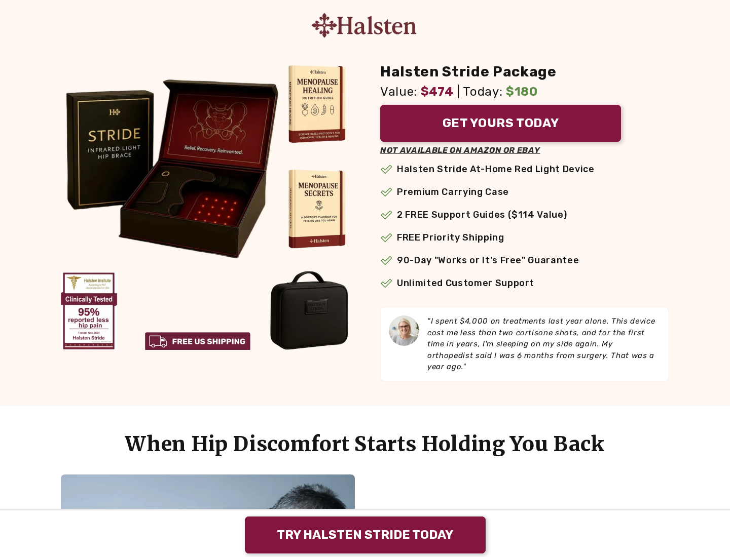 Halsten Stride sales page showing the wearable hip device, packaging, discount, and red light therapy claims