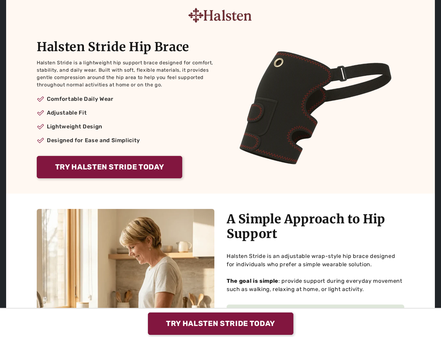 Halsten Stride official simple page describing the item as a lightweight non-medical hip support brace