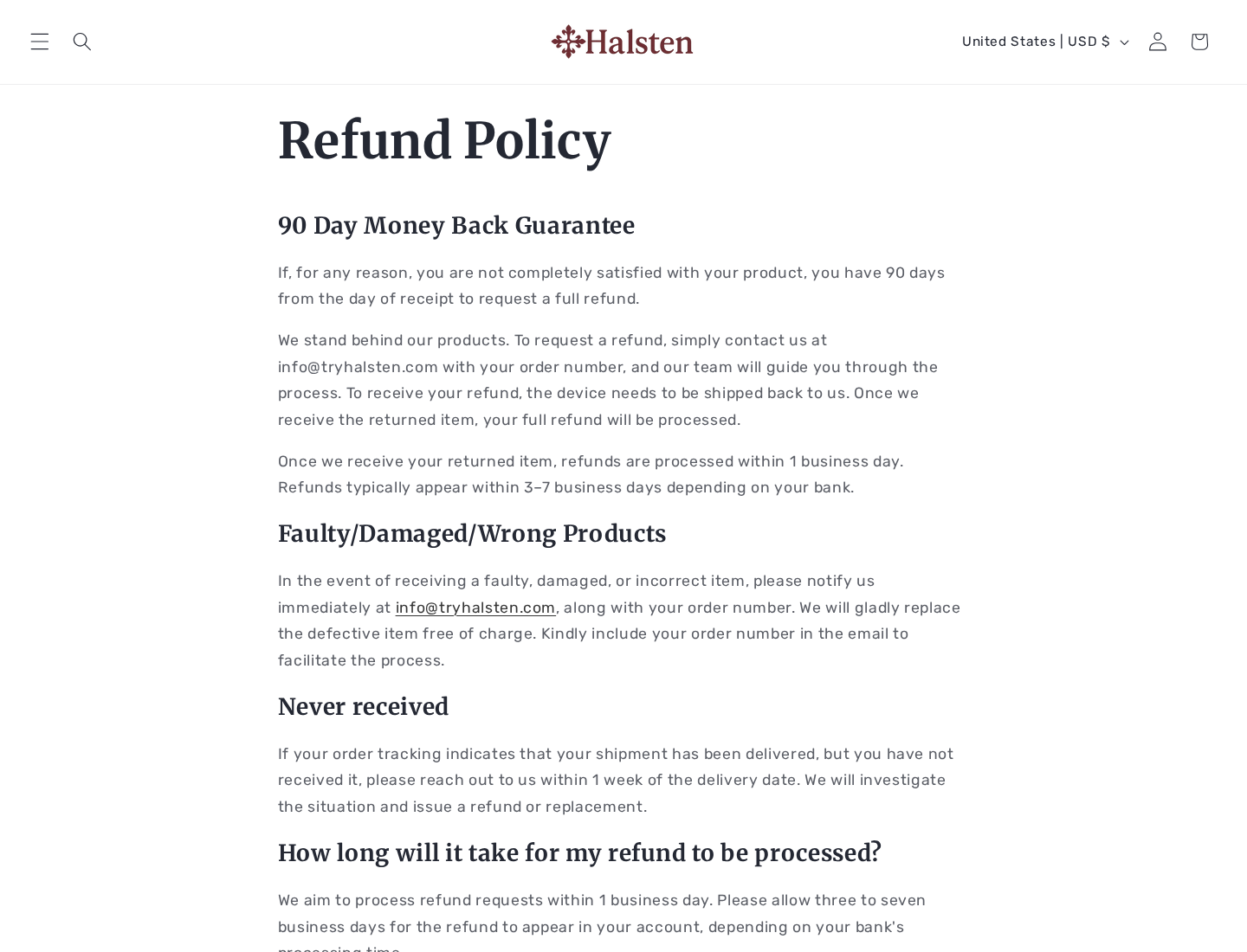 Halsten refund policy showing the 90-day request process, return requirement, and support email