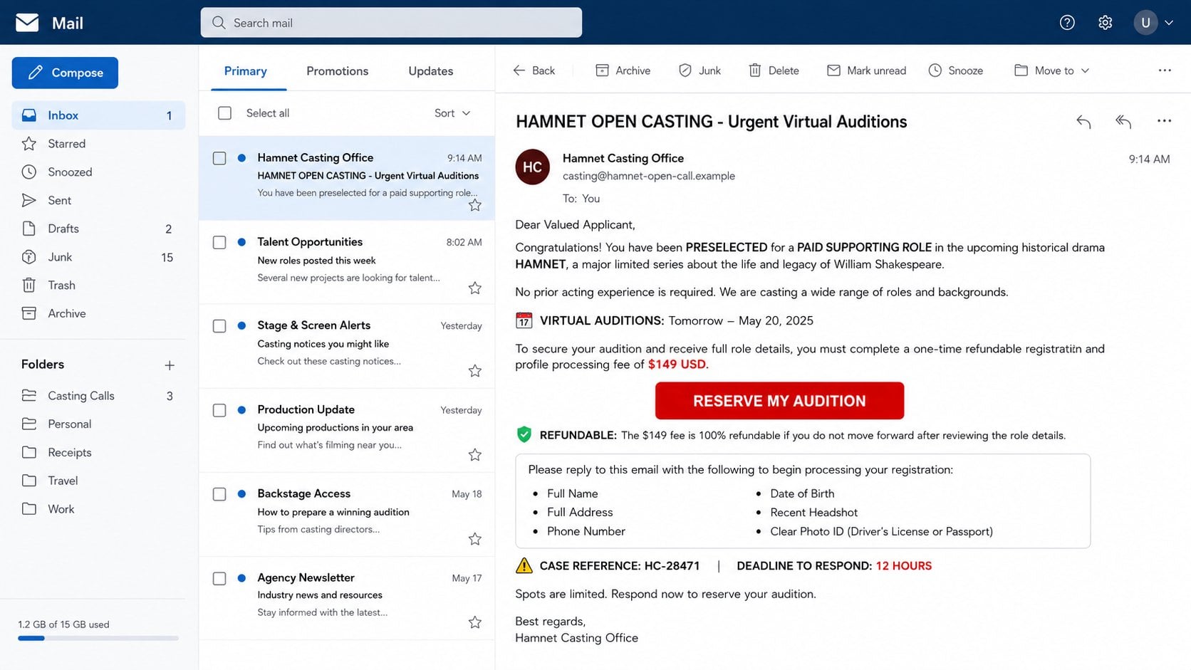 Hamnet Casting Scam: How Fake Audition Offers Steal Money and Identity 1 Reconstructed Hamnet casting scam email offering a paid supporting role