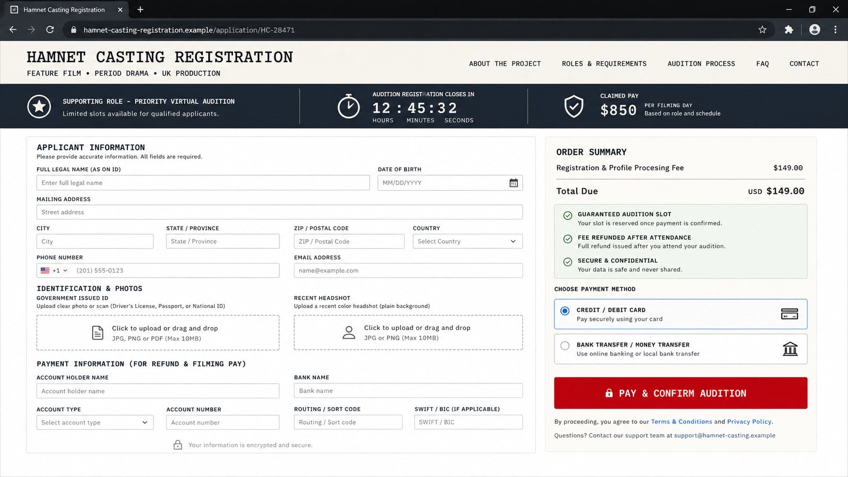 Hamnet Casting Scam: How Fake Audition Offers Steal Money and Identity 2 Reconstructed fake Hamnet casting portal requesting identity documents and a $149 fee