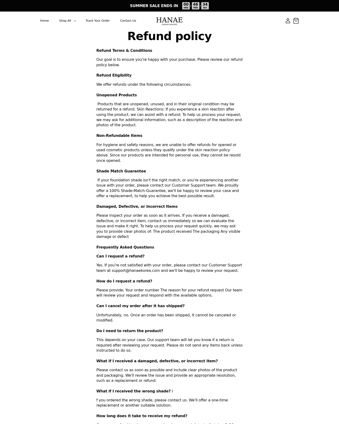 Hanae Korea refund policy explaining limits for opened and used cosmetics