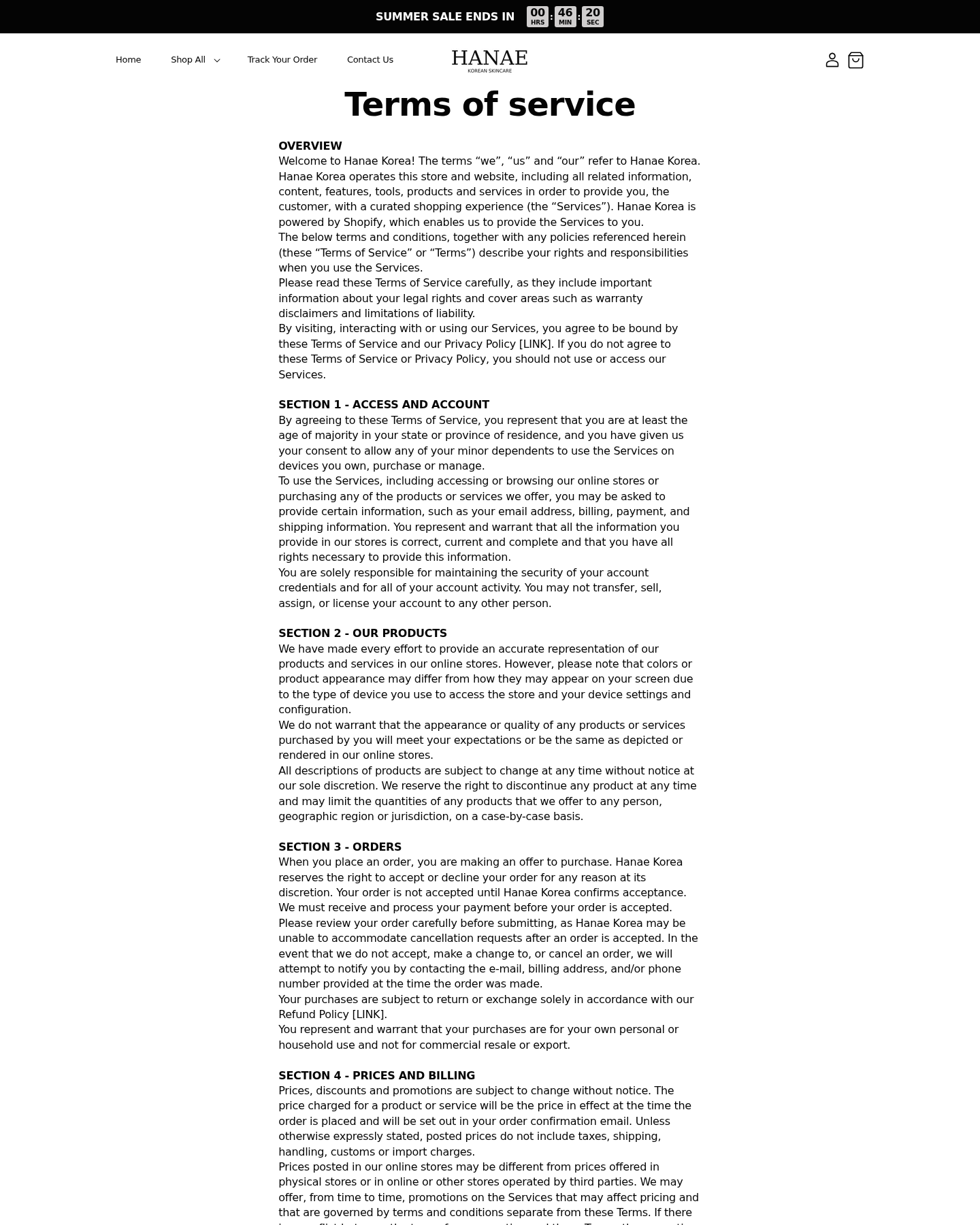 Hanae Korea terms page containing unfinished merchant instructions and placeholder link text