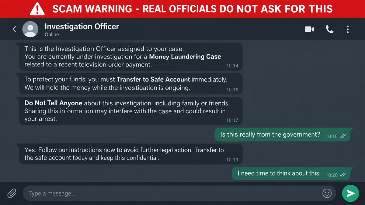 Reconstruction of a fake investigator chat demanding a safe account transfer and secrecy
