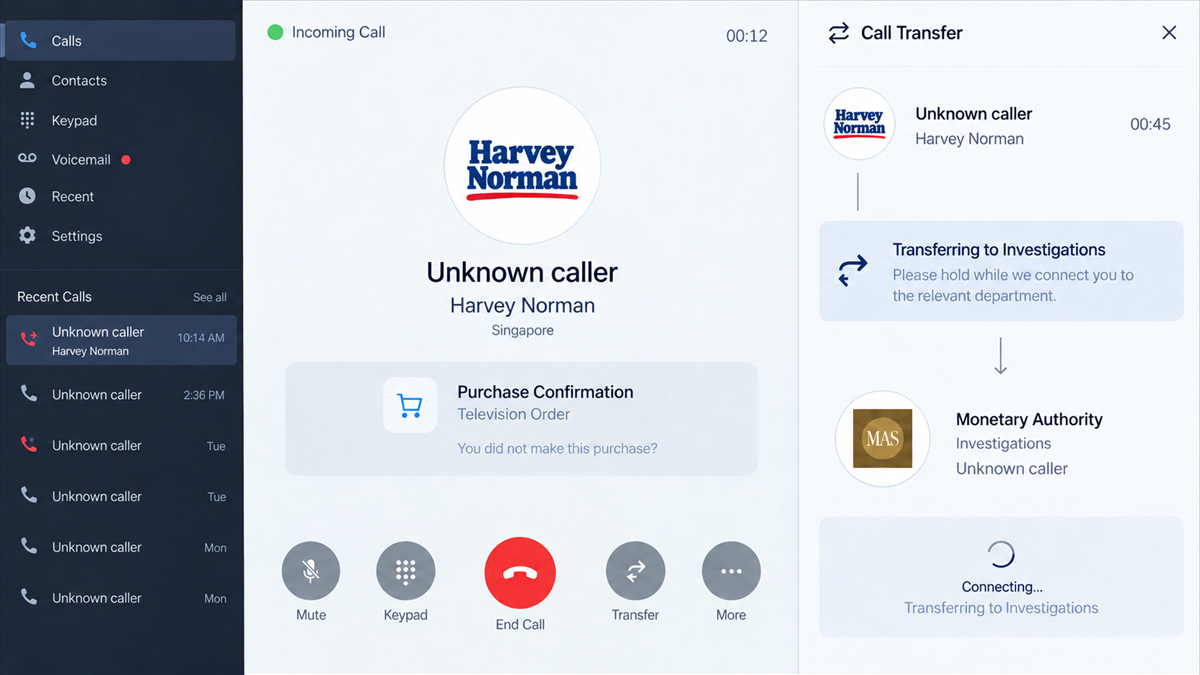 Reconstruction of a fake Harvey Norman purchase confirmation call being transferred to a supposed investigator