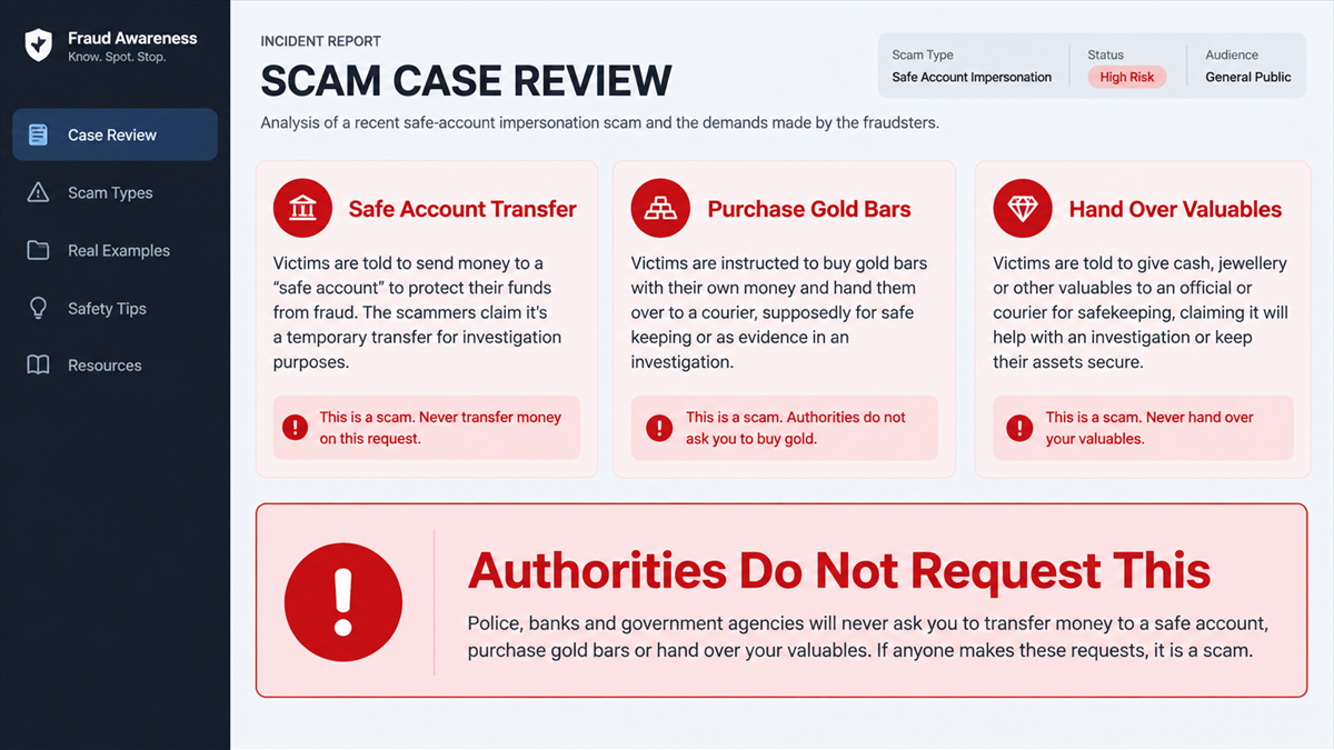 Reconstruction of a scam case review showing demands for a safe account transfer gold bars and valuables
