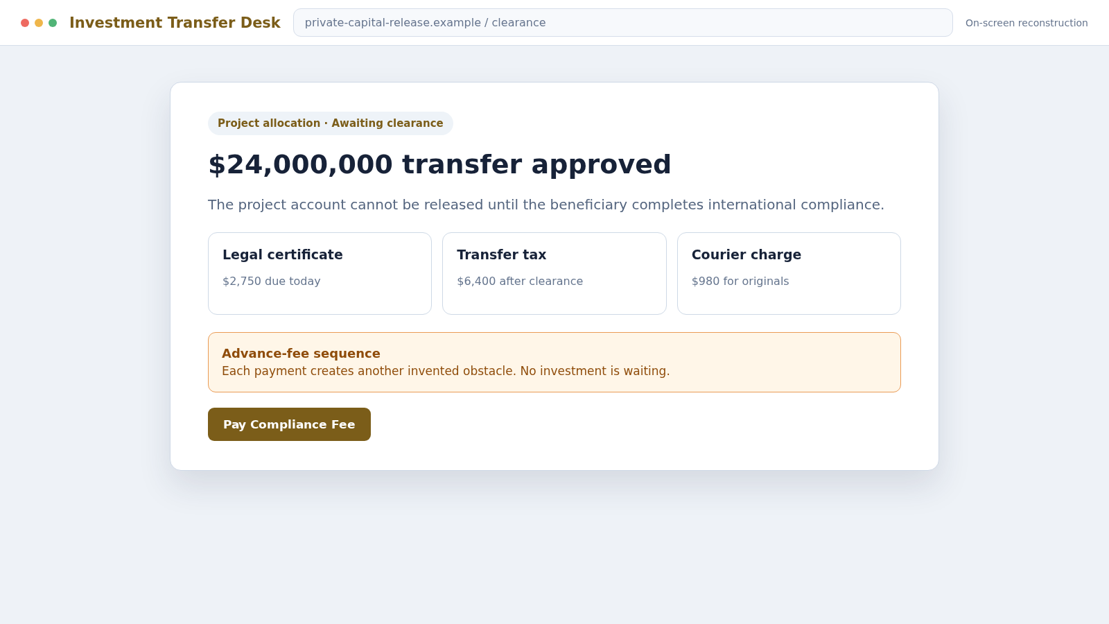 Hashim Bin Hasan Investment Scam: Fake Project Deal Demands Fees Upfront 2 Reconstructed Hashim Bin Hasan scam investment transfer page demanding clearance fees