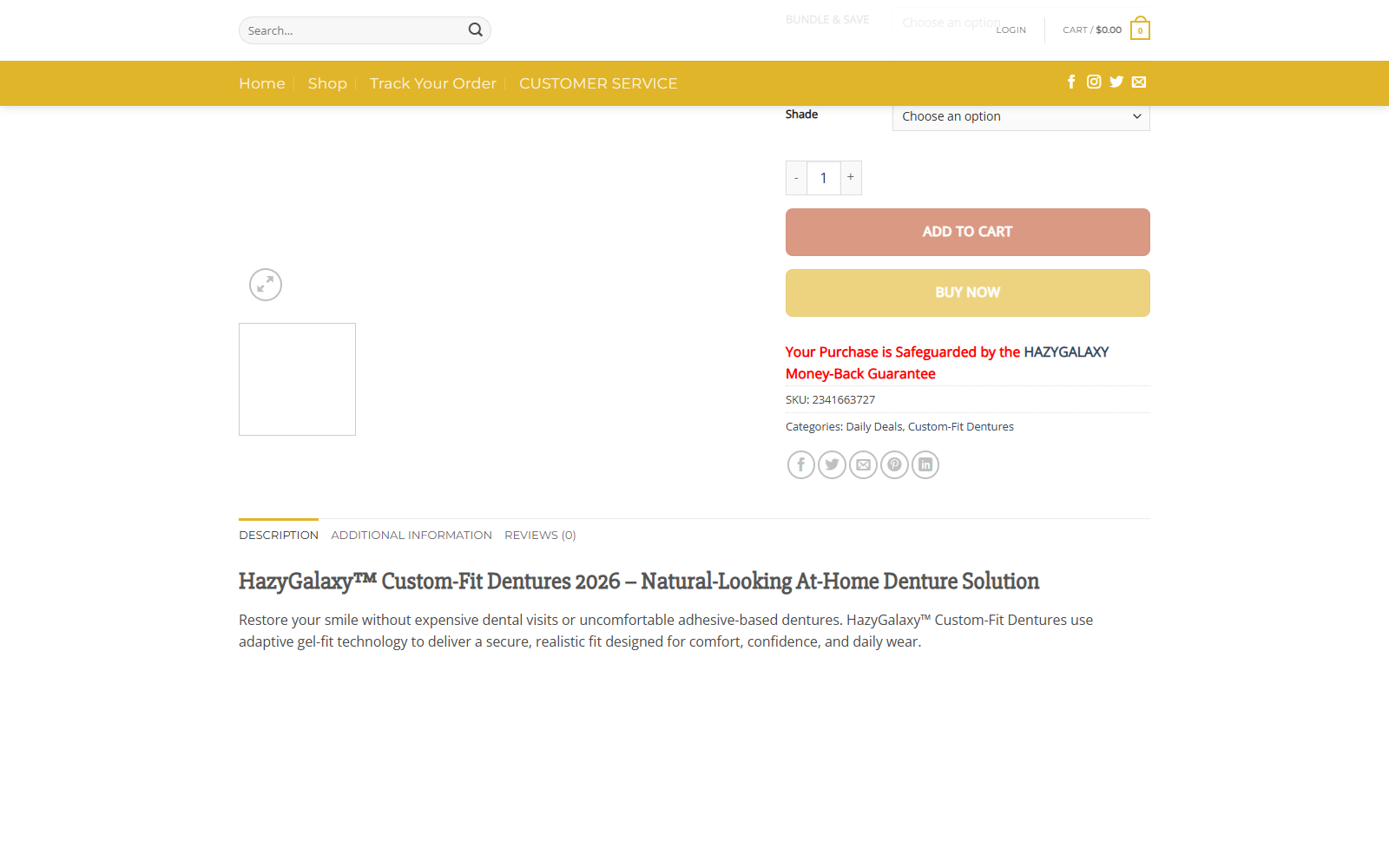HazyGalaxy Dentures Reviews: Buyer Warning 1 HazyGalaxy Custom-Fit Dentures sales page showing the purchase buttons, guarantee language, and product description
