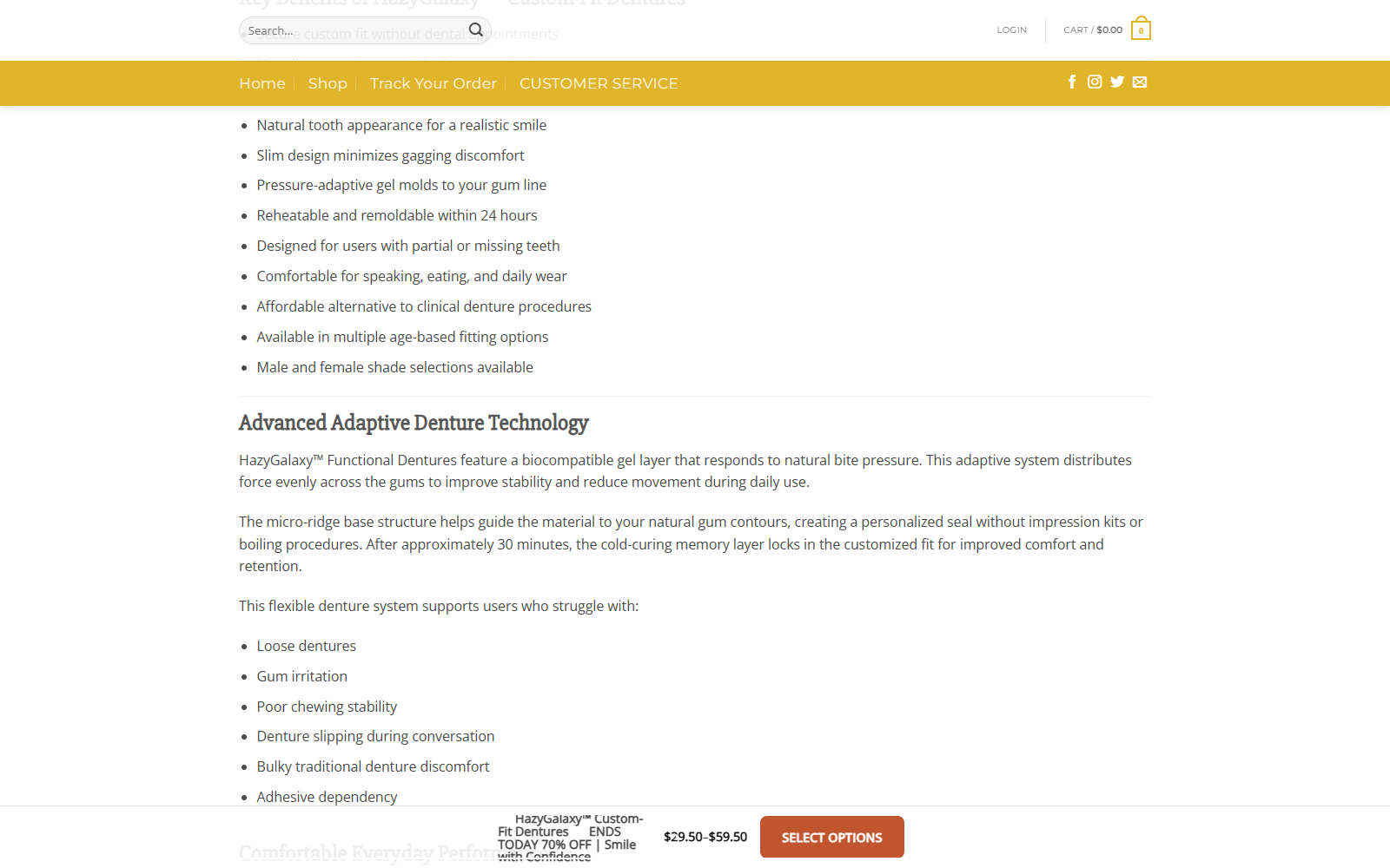 HazyGalaxy Dentures Reviews: Buyer Warning 2 HazyGalaxy page describing adaptive denture technology, eating claims, and at-home fitting promises