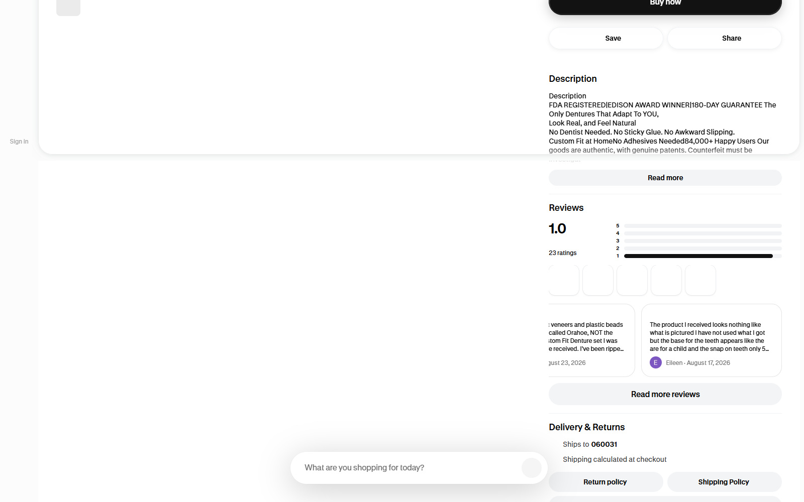 HazyGalaxy Dentures Reviews: Buyer Warning 3 Shop listing showing HazyGalaxy denture ratings and complaints that the received item differed from advertising