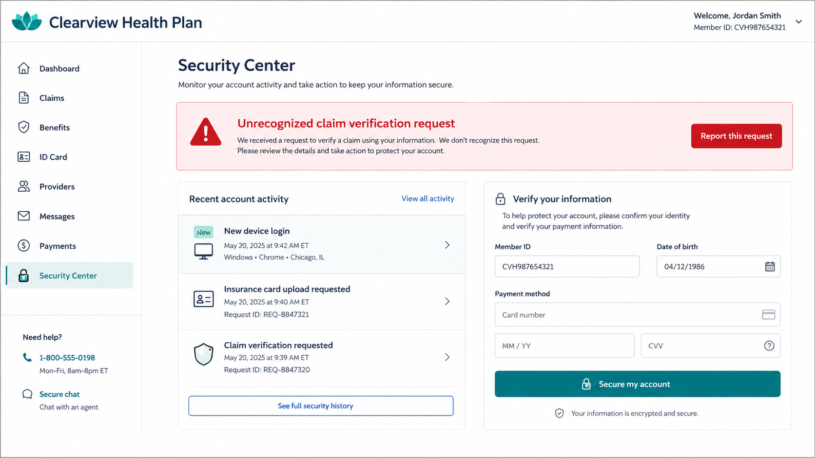 Fake Health Insurer Scam Exposed: Inside the Patient Data Theft Scheme 3 Fictional health plan security page showing an unrecognized claim request and suspicious account activity