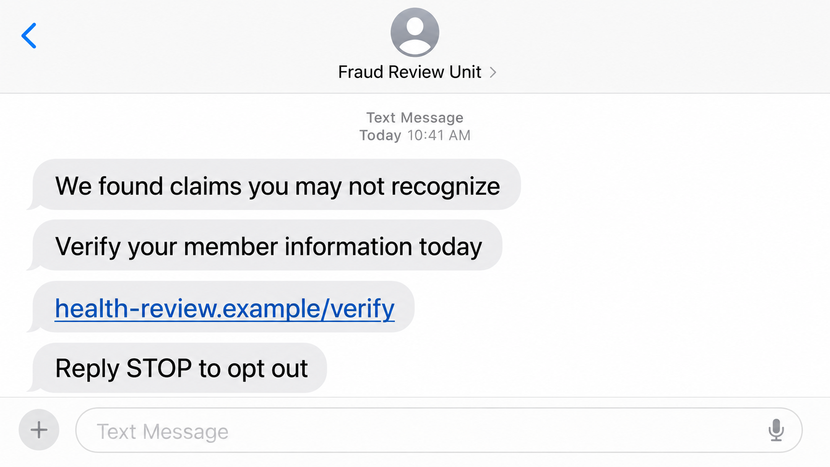 Fake Health Insurer Scam Exposed: Inside the Patient Data Theft Scheme 1 Fake health insurer text claiming unrecognized medical claims require verification