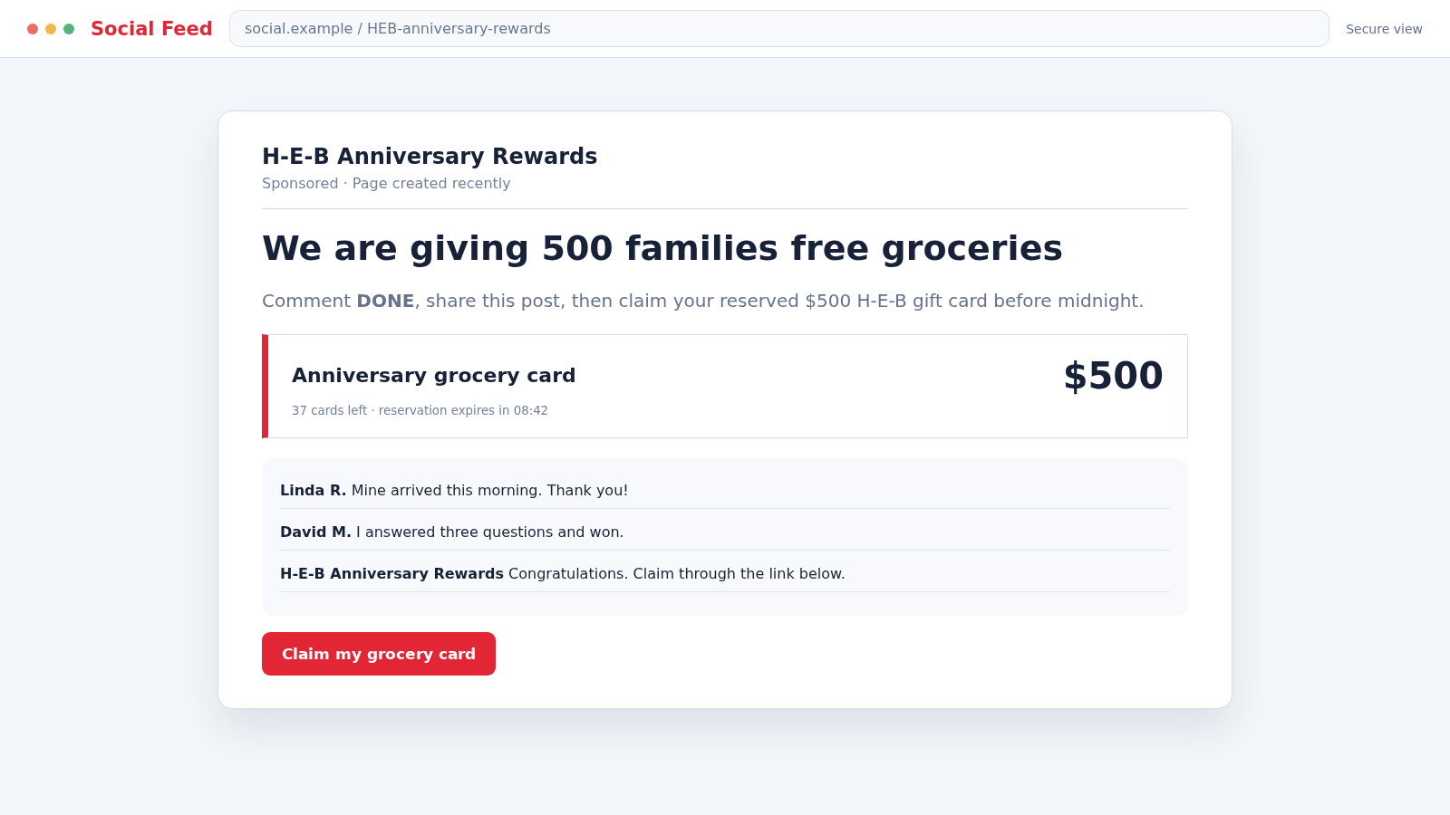 fake H-E-B Facebook giveaway promising a large grocery gift card