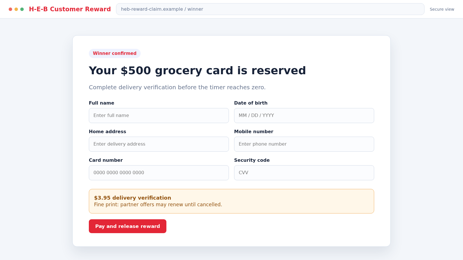 fake H-E-B prize survey requesting personal and card details