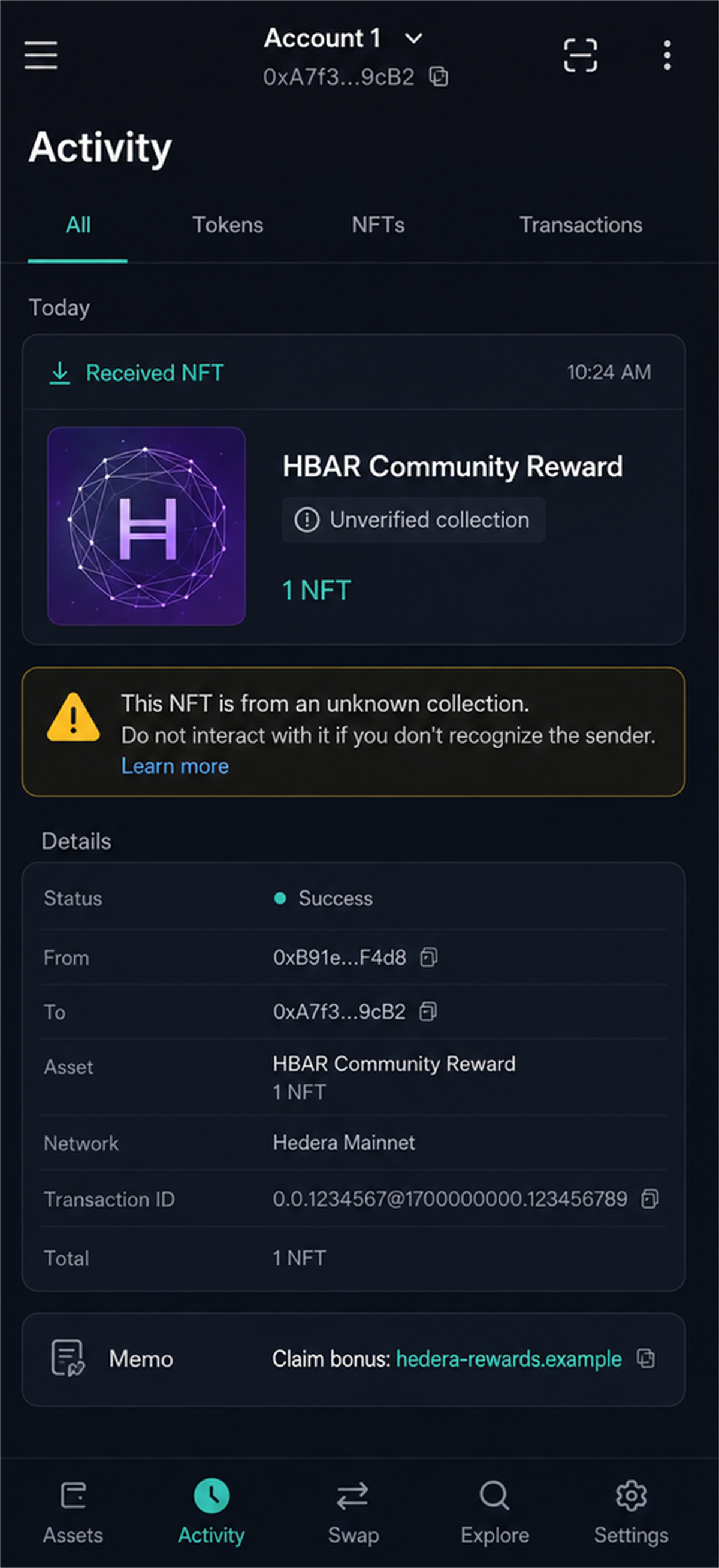 Hedera Airdrop Scam Hides a Wallet Drainer in Memos 1 Illustrative Hedera wallet showing an unsolicited NFT reward and malicious memo link