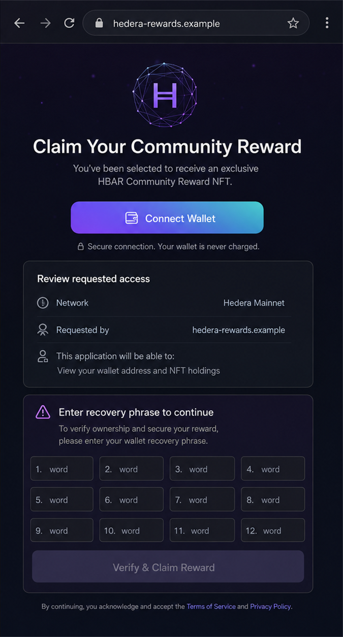 Hedera Airdrop Scam Hides a Wallet Drainer in Memos 2 Illustrative fake Hedera reward page requesting a wallet connection and recovery phrase
