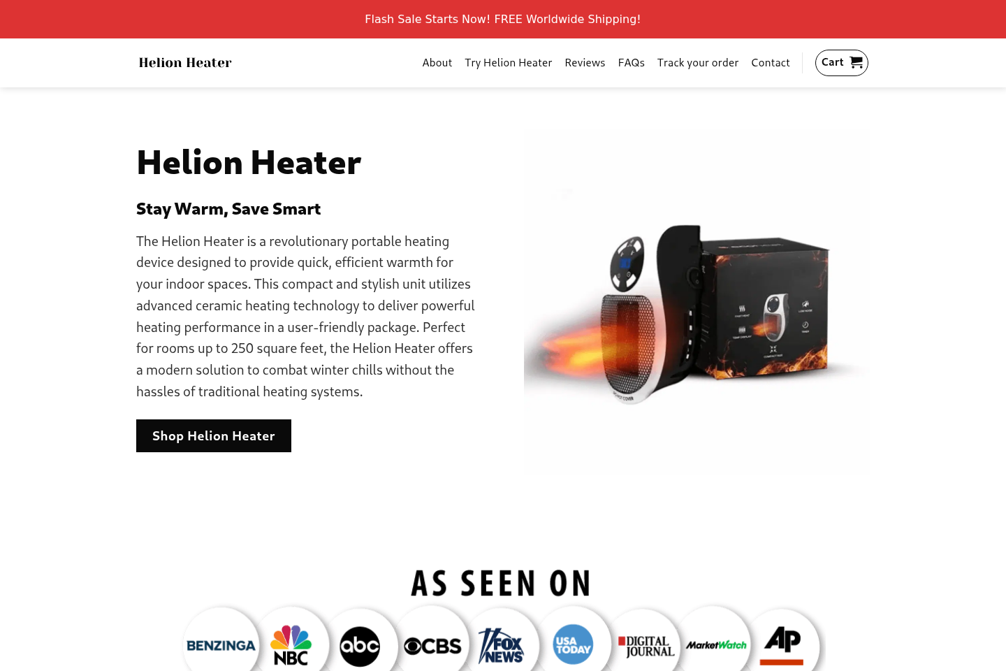 Helion Portable Heater sales page showing the compact plug-in heater and promotional claims