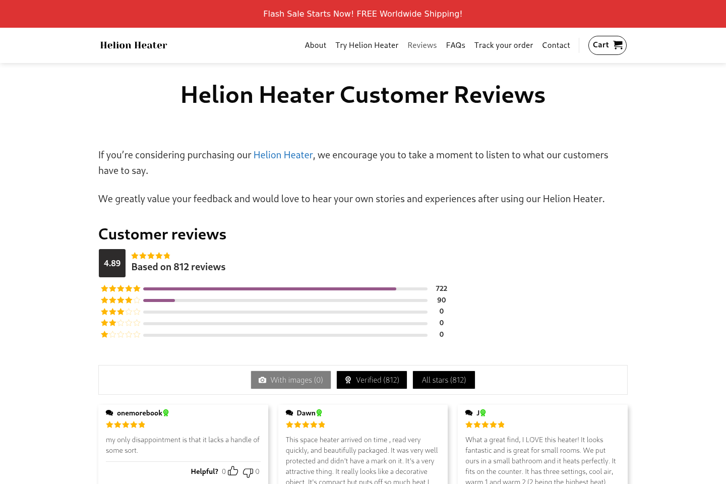 Helion Portable Heater customer review page showing a 4.89 rating based on 812 reviews