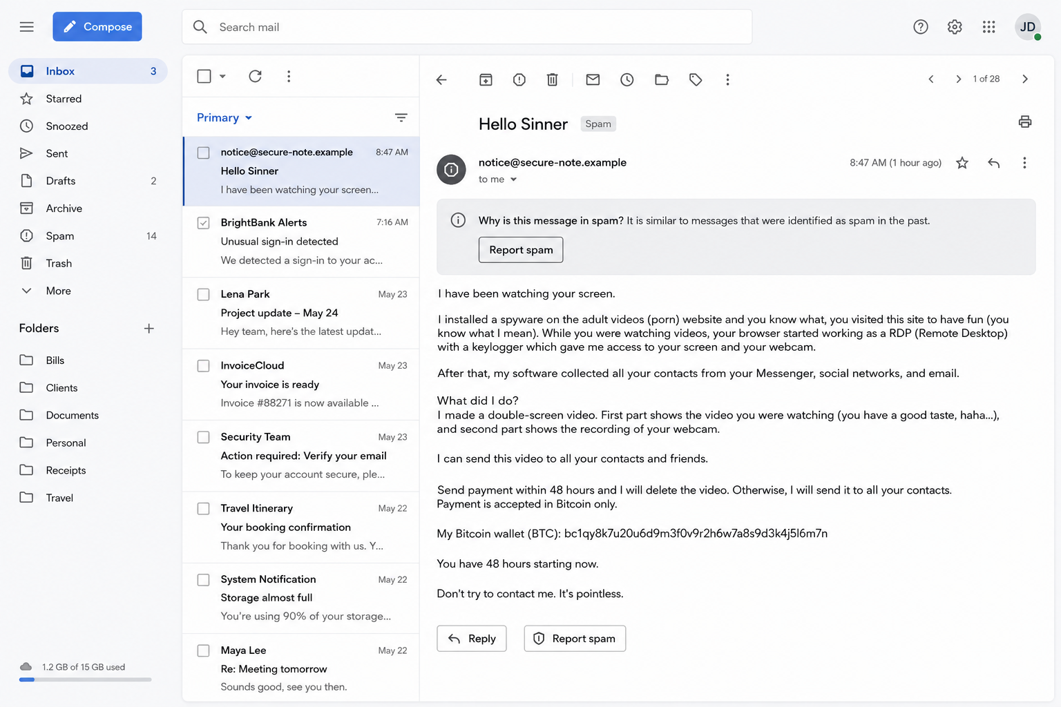 Hello Sinner Email Scam Uses a Fake Webcam Threat 1 Hello Sinner email scam shown in a fictional webmail inbox