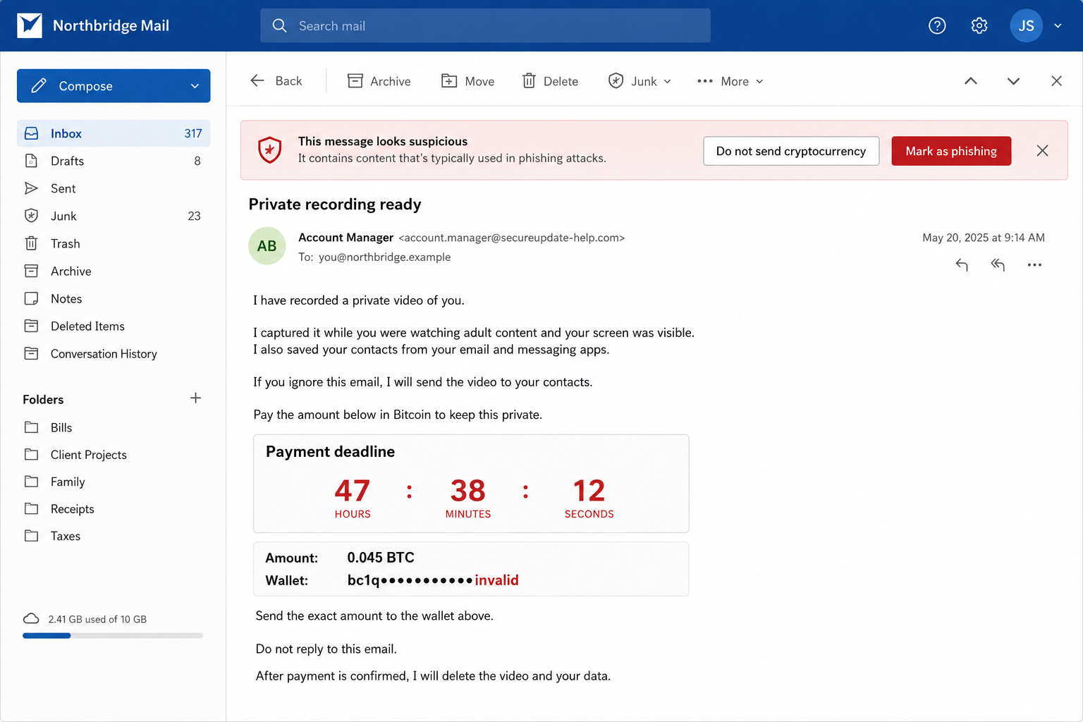 Hello Sinner Email Scam Uses a Fake Webcam Threat 2 Fictional blackmail email showing a cryptocurrency demand and phishing controls