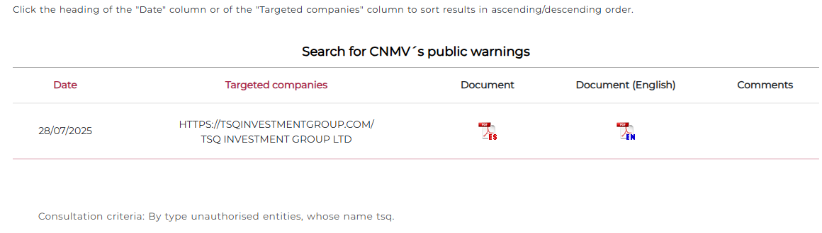 CNMV warning search result for TSQ Investment Group Ltd and its listed domain