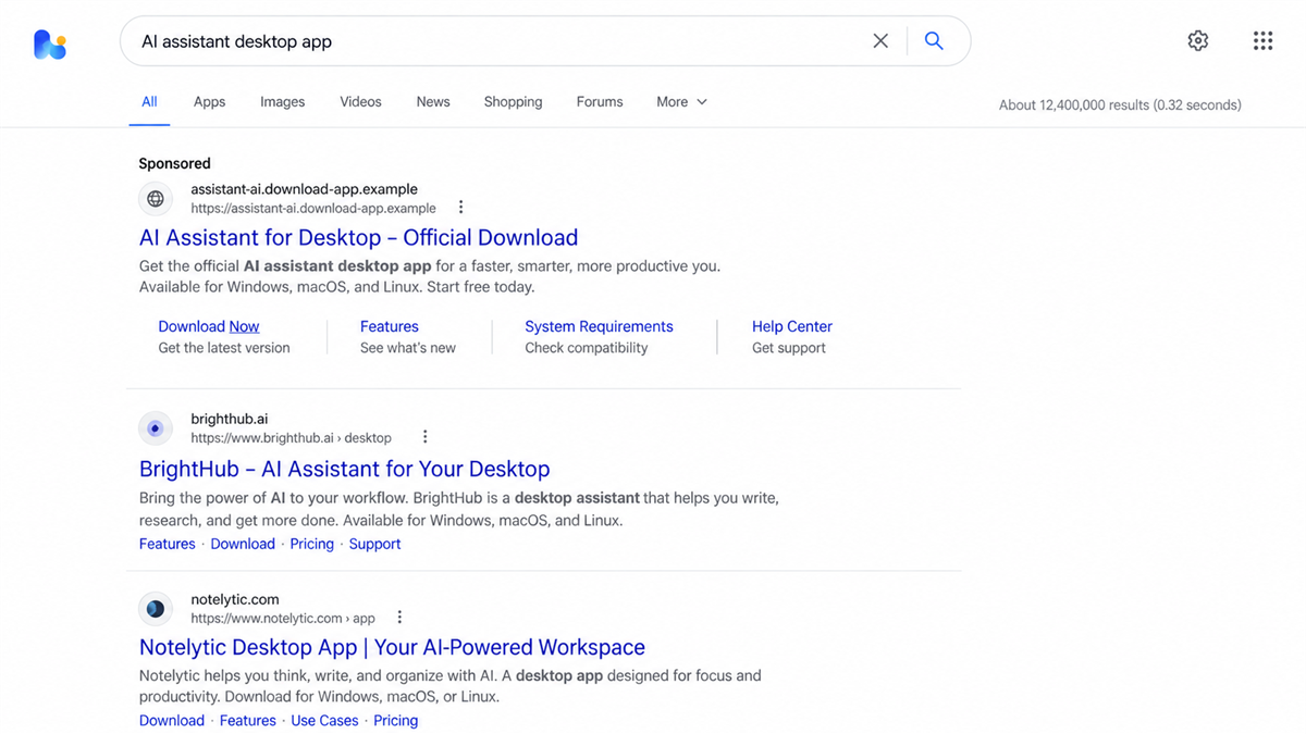 Fake Claude Desktop Ads Install Password-Stealing Malware 1 Sponsored search result leading to a fake Claude Desktop download page