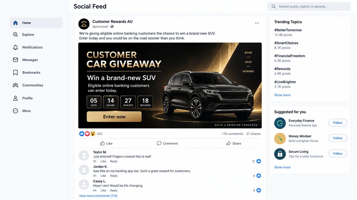 Sponsored social media ad promoting a fake CommBank customer car giveaway