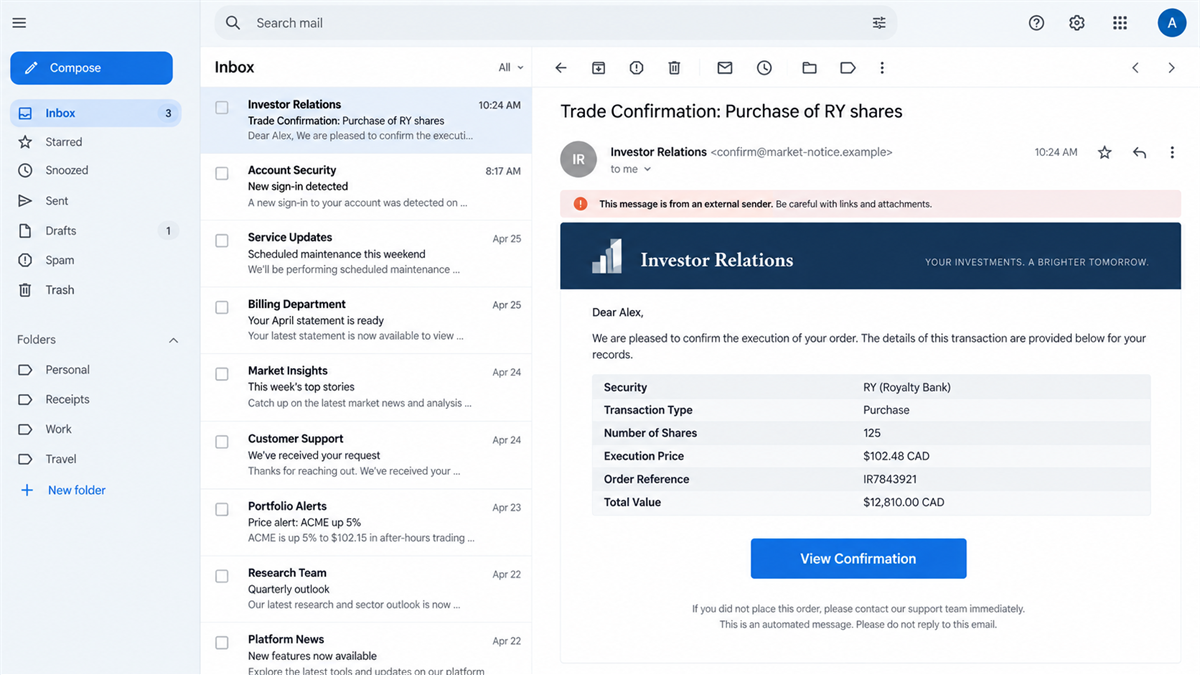 Fake RBC Trade Emails Steal Investment Account Logins 1 Fake RBC trade confirmation email with a View Confirmation button