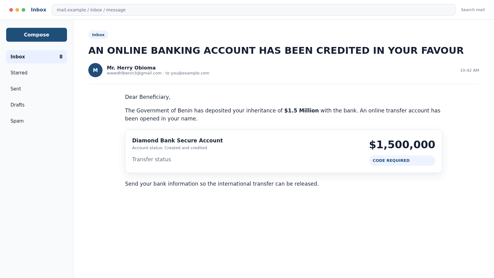 Reconstructed Mr. Herry Obioma email claiming a $1.5 million Benin inheritance was deposited into an online bank account