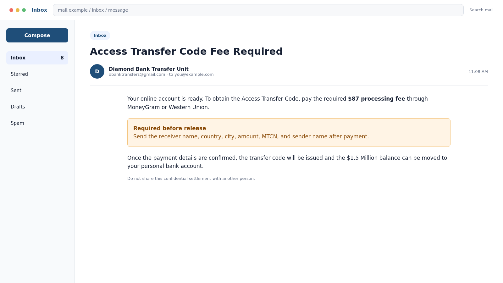 Reconstructed follow-up email demanding an $87 MoneyGram or Western Union fee for an inheritance transfer code