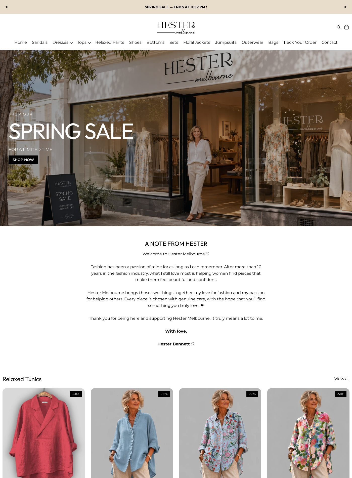 Hester Melbourne Exposed: A New Domain, Boutique Story and Buyer Risks 1 Hester Melbourne homepage showing a polished boutique storefront, spring sale and founder message