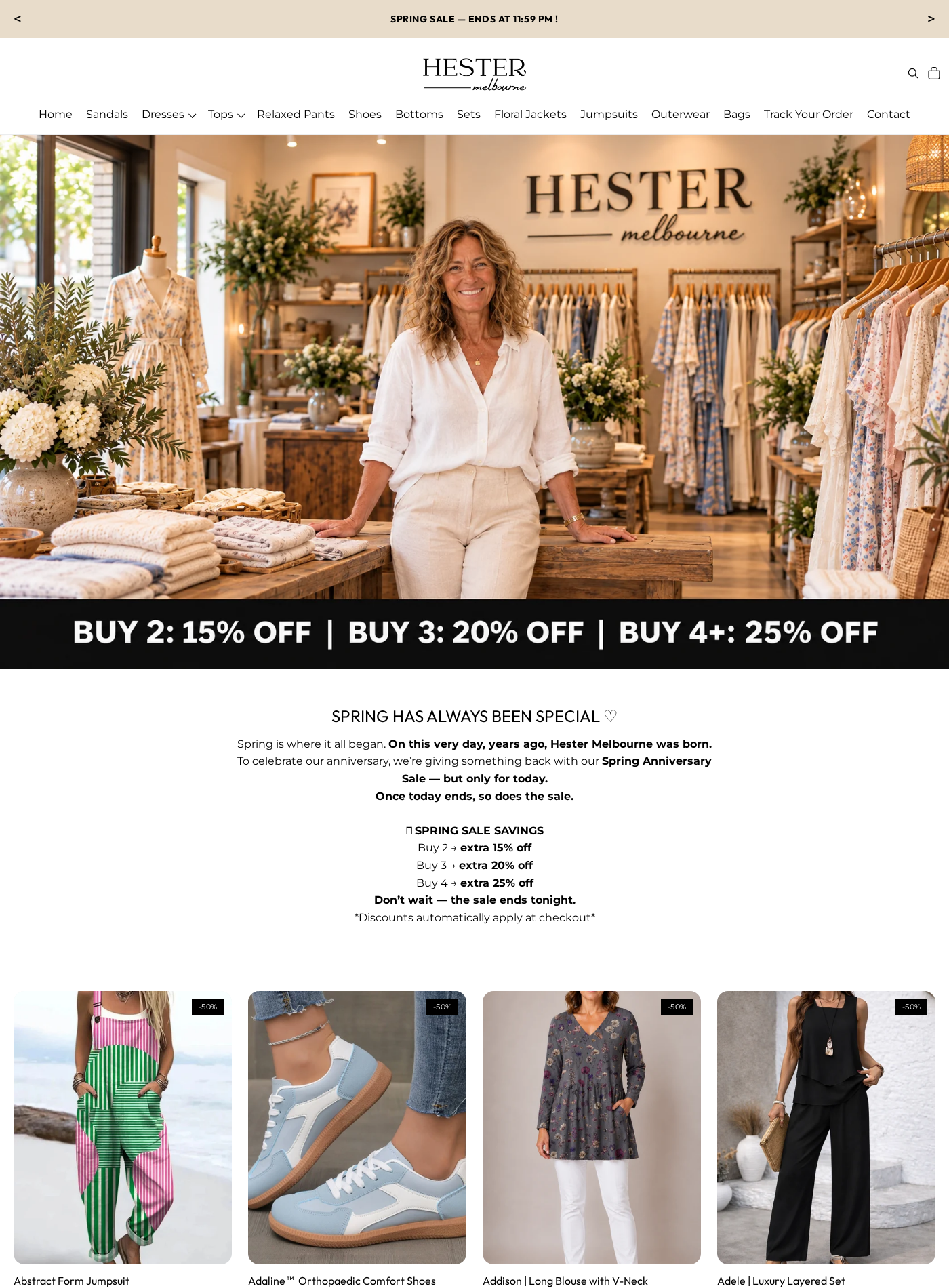 Hester Melbourne Exposed: A New Domain, Boutique Story and Buyer Risks 2 Hester Melbourne collection page showing daily urgency, bundle discounts and many 50% markdowns