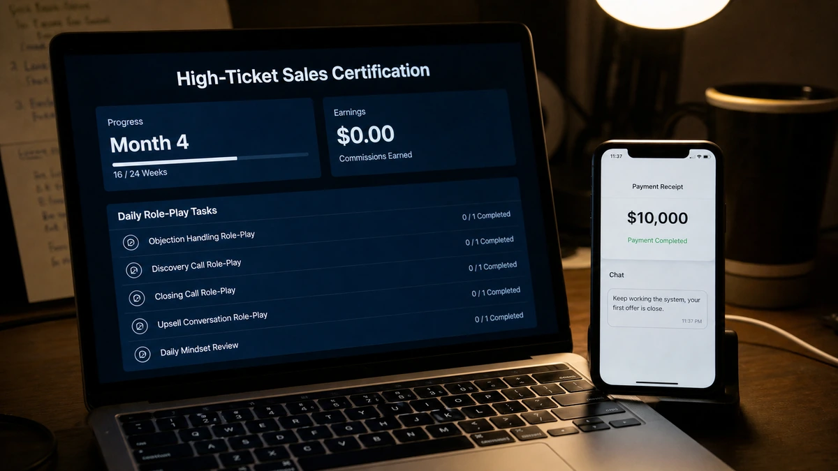 Realistic reconstruction of a $10,000 high-ticket sales course dashboard showing four months of training and no commissions